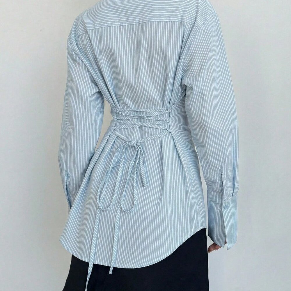Blue Casual Women's Long Sleeve Striped Satin Blouse - Picture 2 of 7